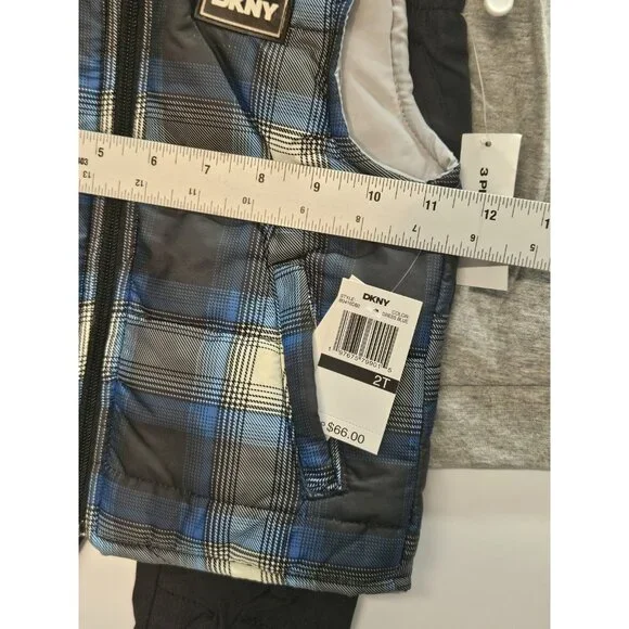 DKNY‎  Size 2T Set Of 3, Plaid Blue Vest/ Black Pants/ Grey Long Sleeve Printed - Picture 7 of 13